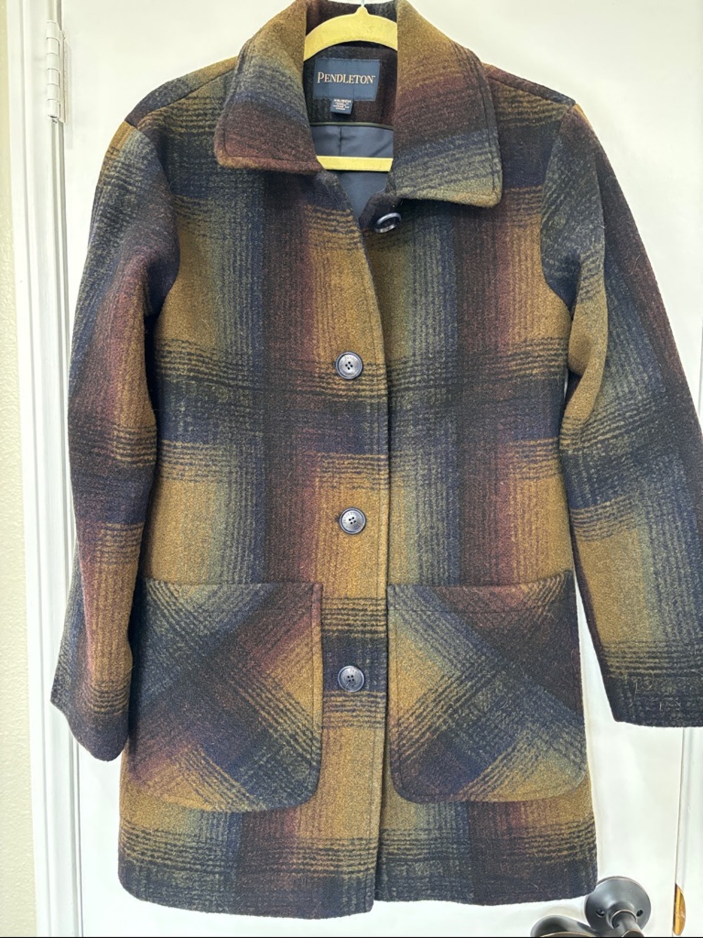 Pendleton Multicolor Plaid Wool Pea Coat in Mustard, Brown & Navy